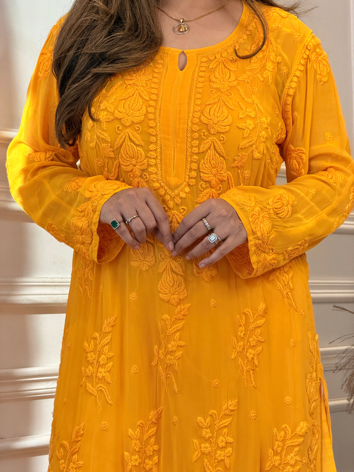 Hand Embroidered 3DChikankari Kurta | Viscose | Mustard