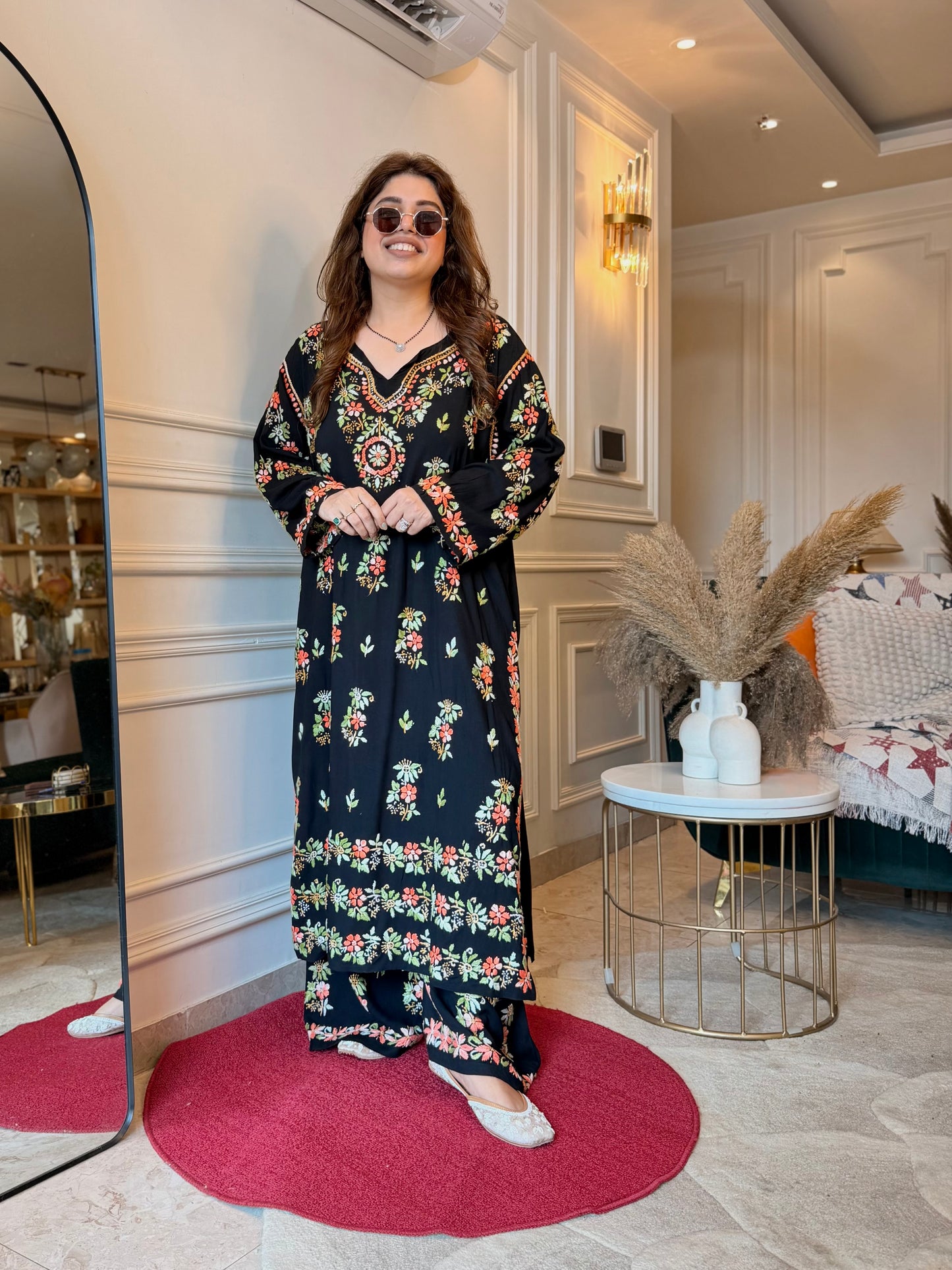 Hand Embroidered Chikankari Kurta set | Modal | Black with Orange