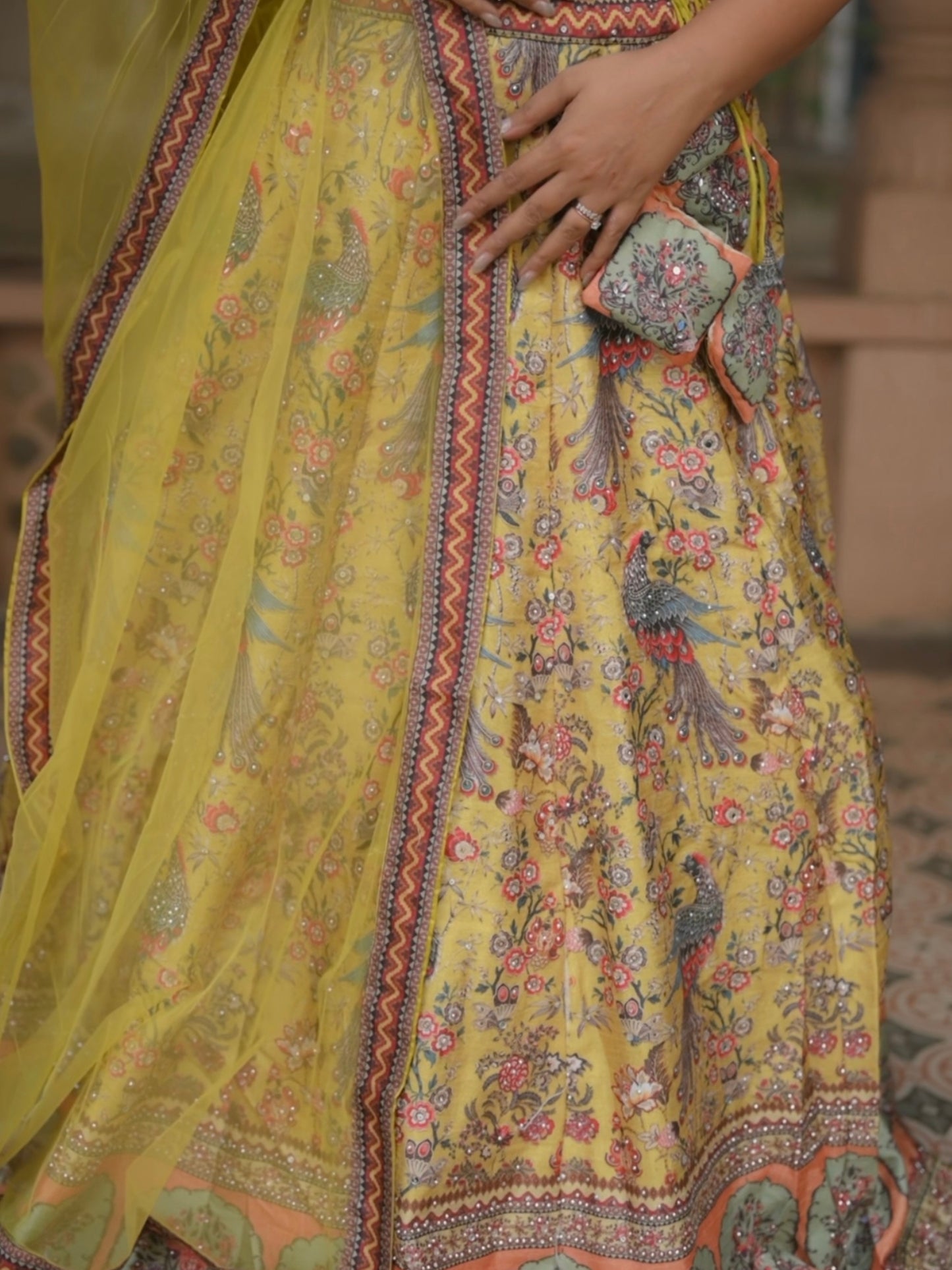 Royal Mustard Peacock Print Lehenga Set