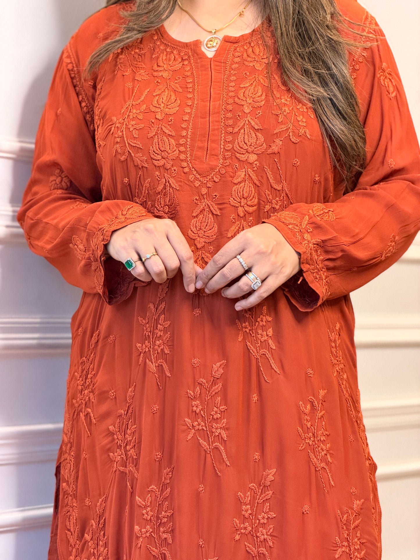Hand Embroidered 3DChikankari Kurta | Viscose | Rust Orange