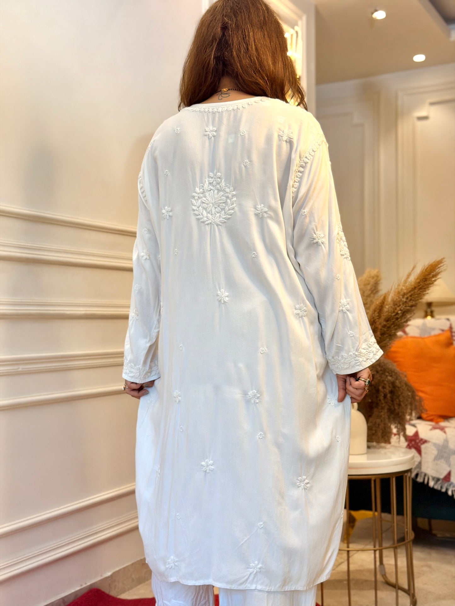 Hand Embroidered 6D Chikankari Kurta | Modal | White