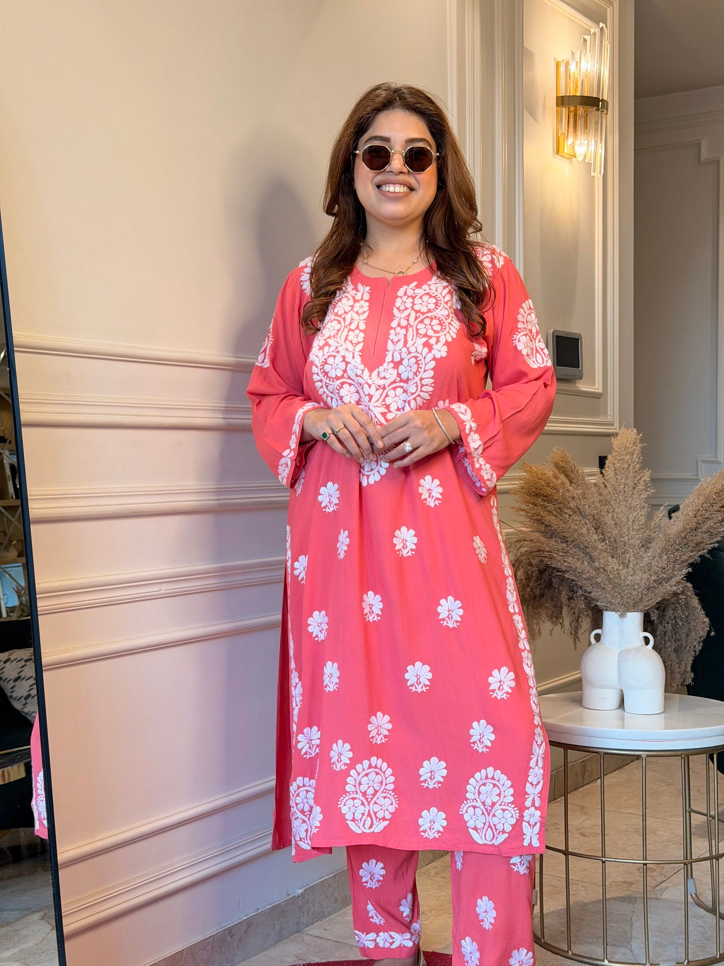 Hand Embroidered Chikankari Kurta set | Modal | Watermelon Pink