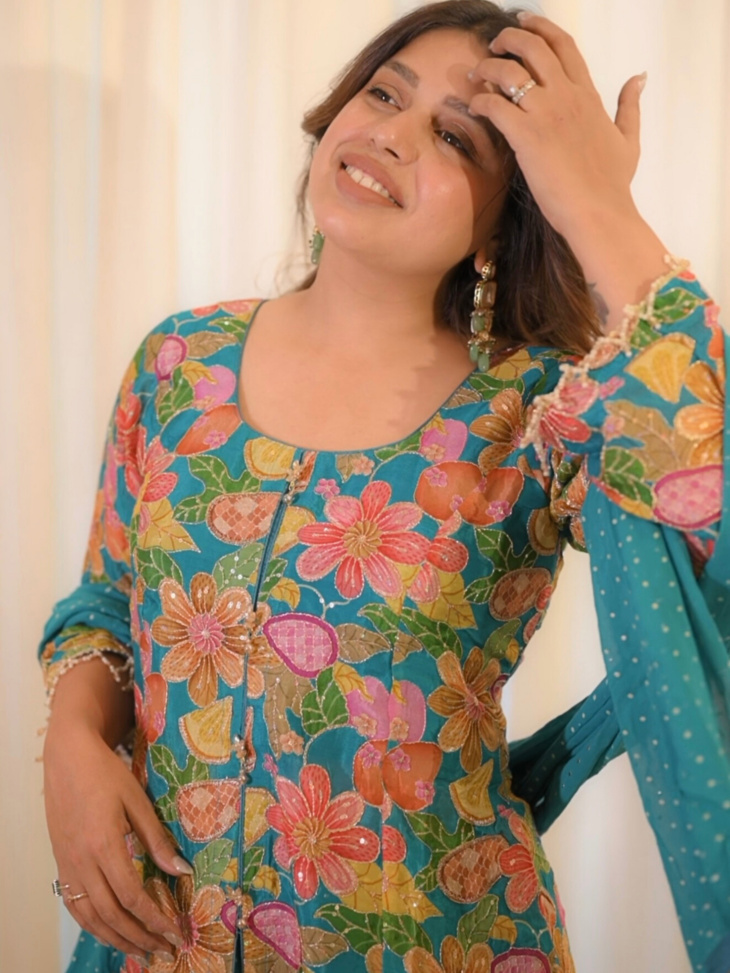 Teal Floral Embroidered Kurta Sharara Set with Dupatta