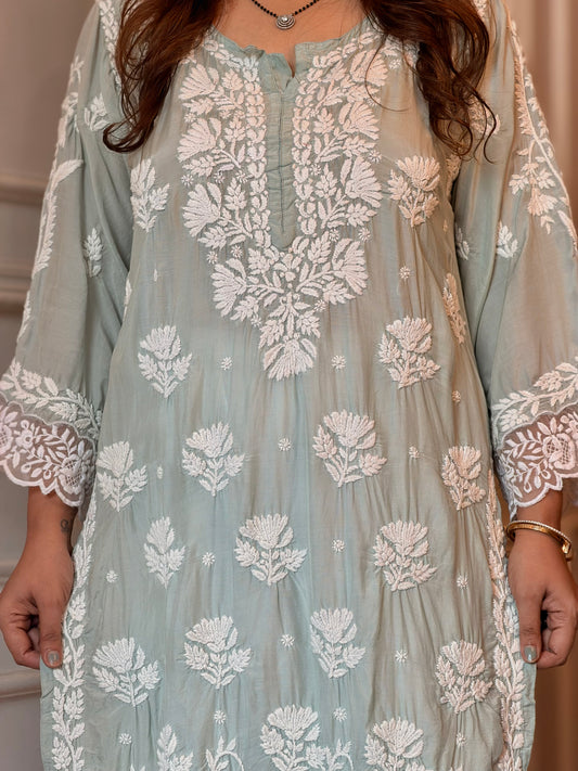 Hand embroidered 6D Chikankari Kurta | Mul Chanderi | Sage