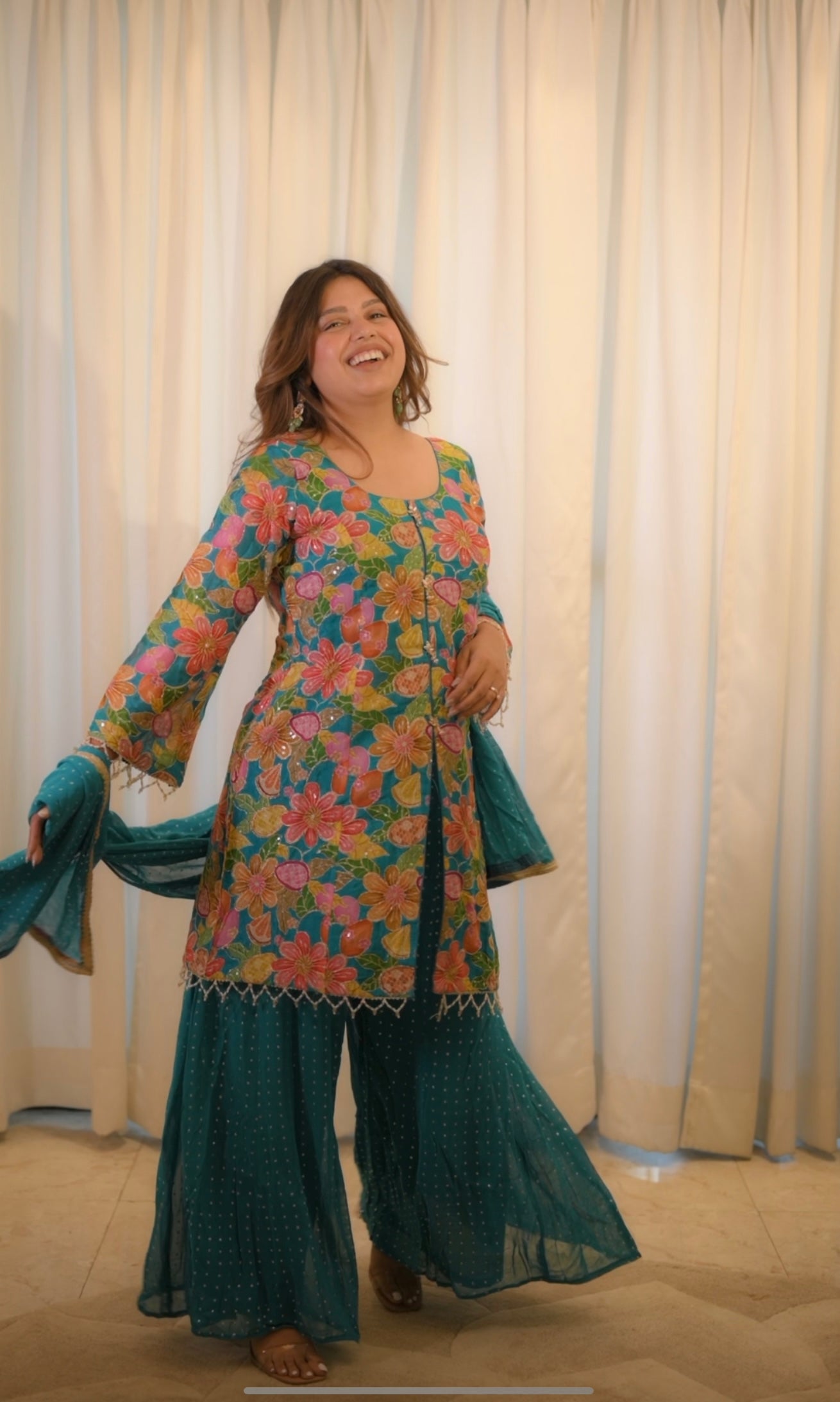 Teal Floral Embroidered Kurta Sharara Set with Dupatta