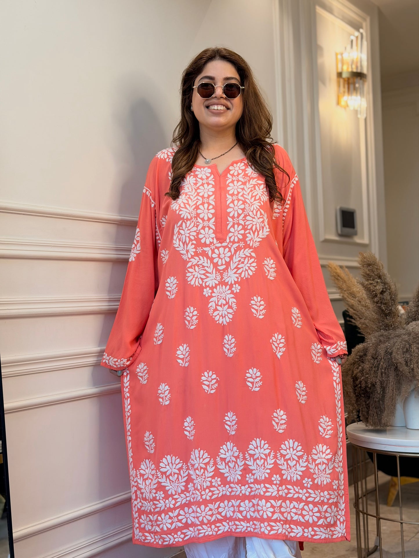 Hand Embroidered 3DChikankari Kurta with Plazo | Premium Soft Cotton | Peach