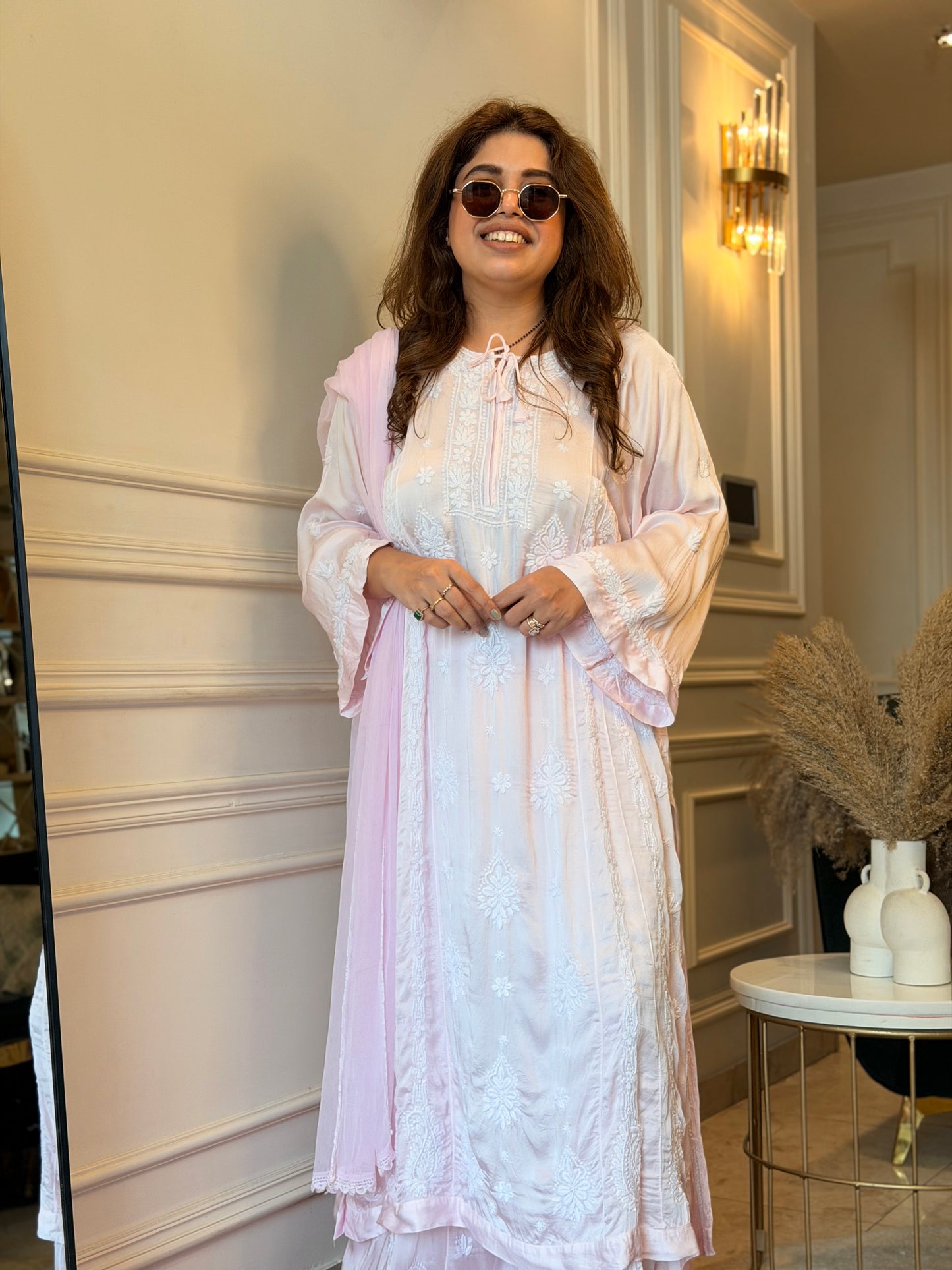 Hand Embroidered 3D Chikankari 3 Piece Kurta set | Modal Satin Silk | Baby Pink