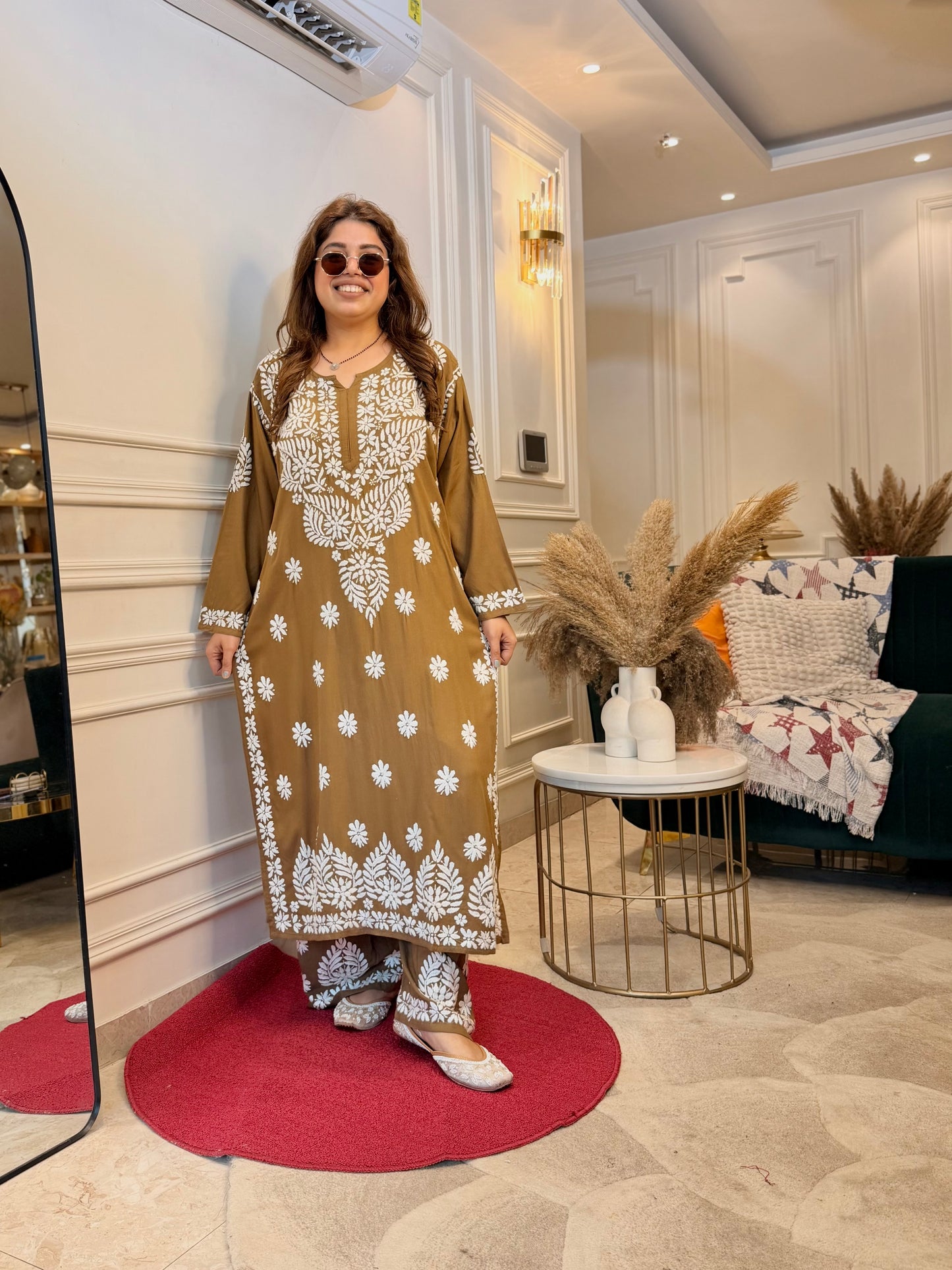 Hand Embroidered Chikankari Kurta set | Modal | Amber Brown