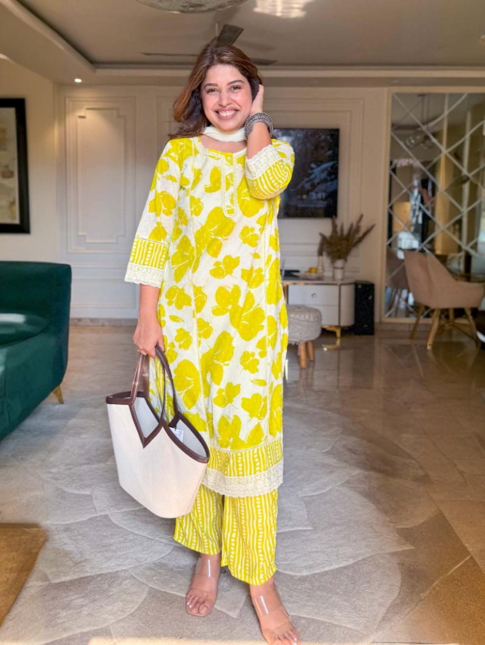 Lemon and White 3 Piece cotton suit