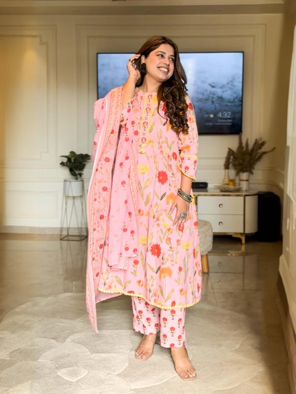 3-Piece Pink Floral Cotton Anarkali Suit