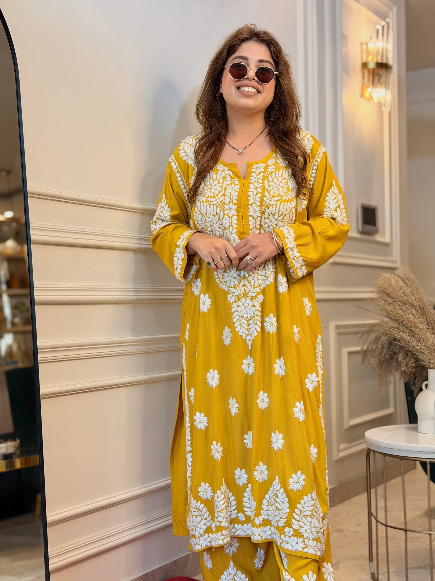 Hand Embroidered Chikankari Kurta set | Modal | Mustard