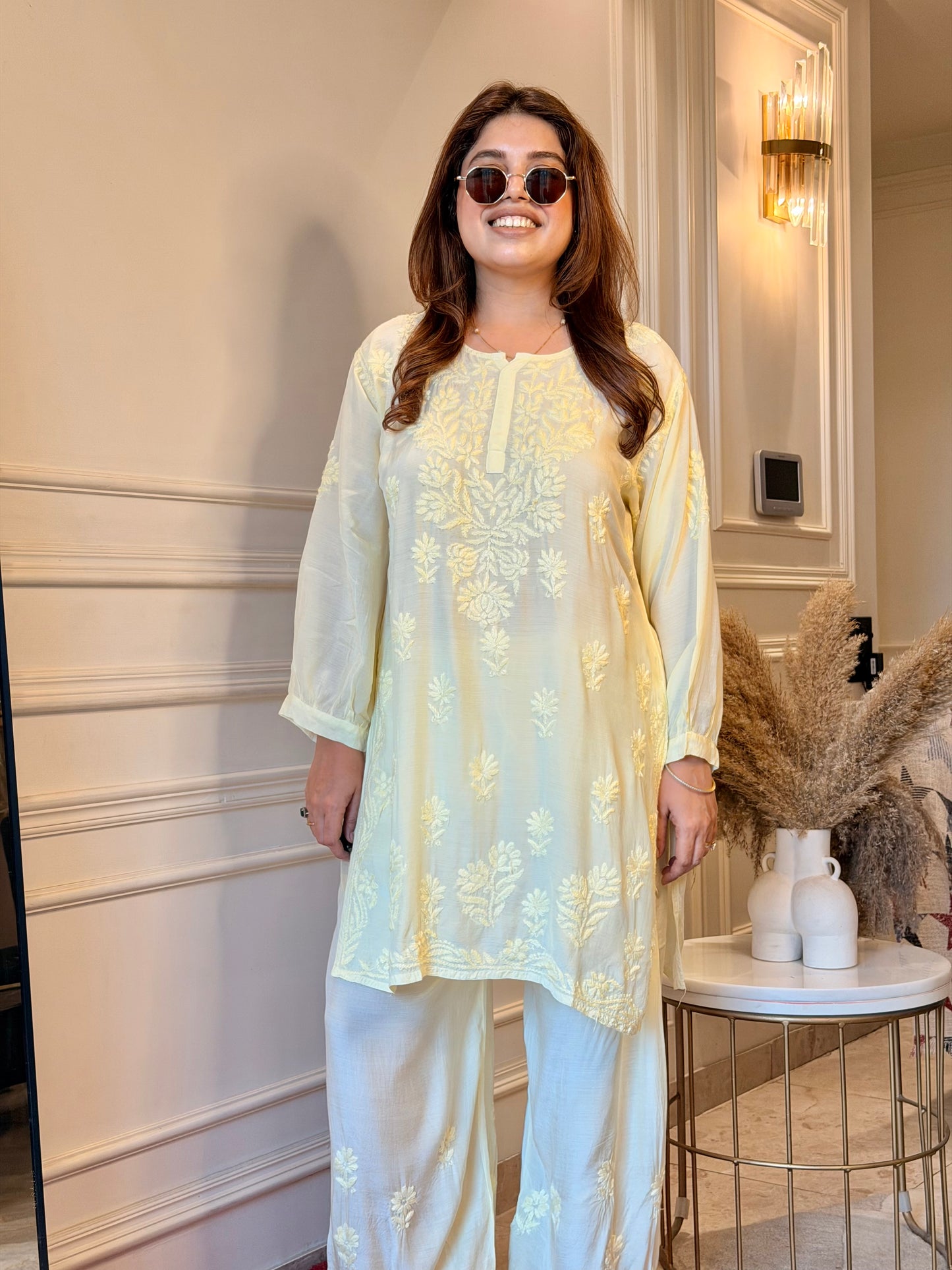Hand Embroidered Chikankari Cordset | Muslin | Butter Yellow