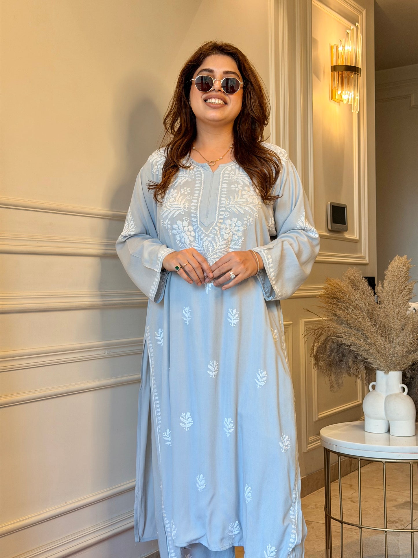 Hand Embroidered Chikankari Kurta set | Modal | Pastel Grey