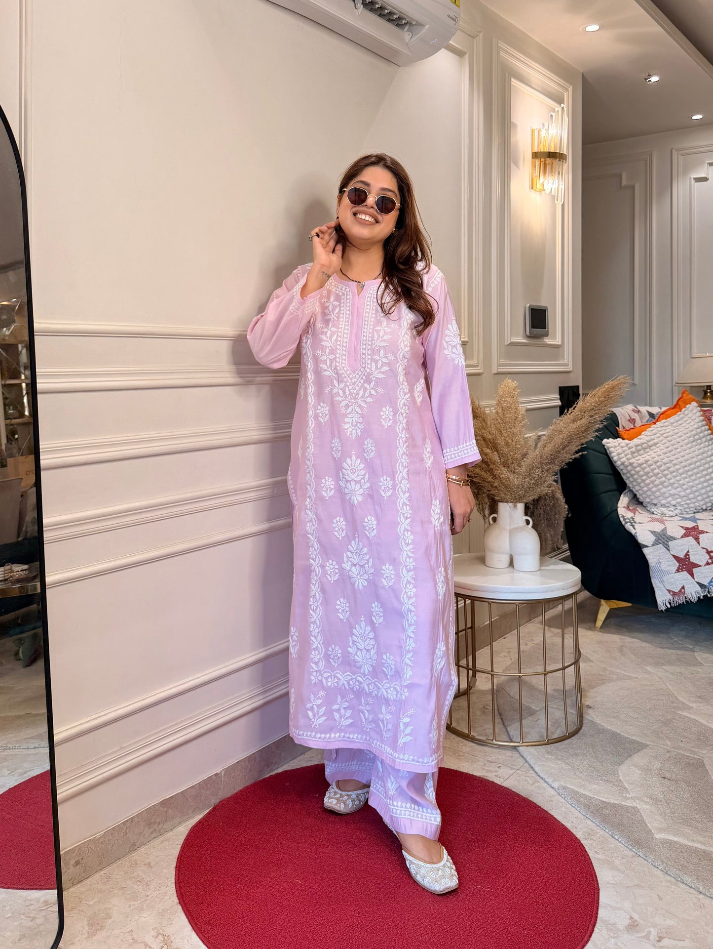 Hand Embroidered Chikankari Kurta Set - Baby Pink