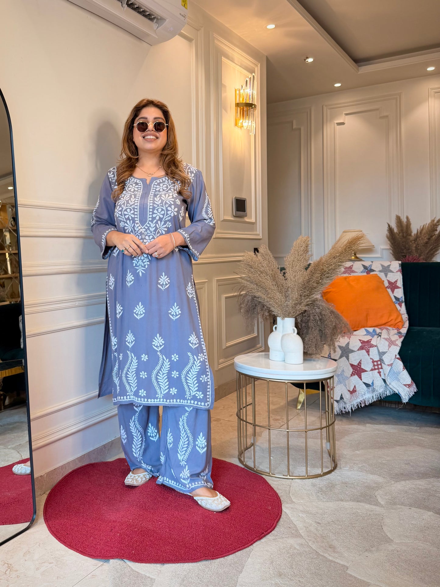 Hand Embroidered Chikankari Kurta set | Modal cotton | Slate Grey