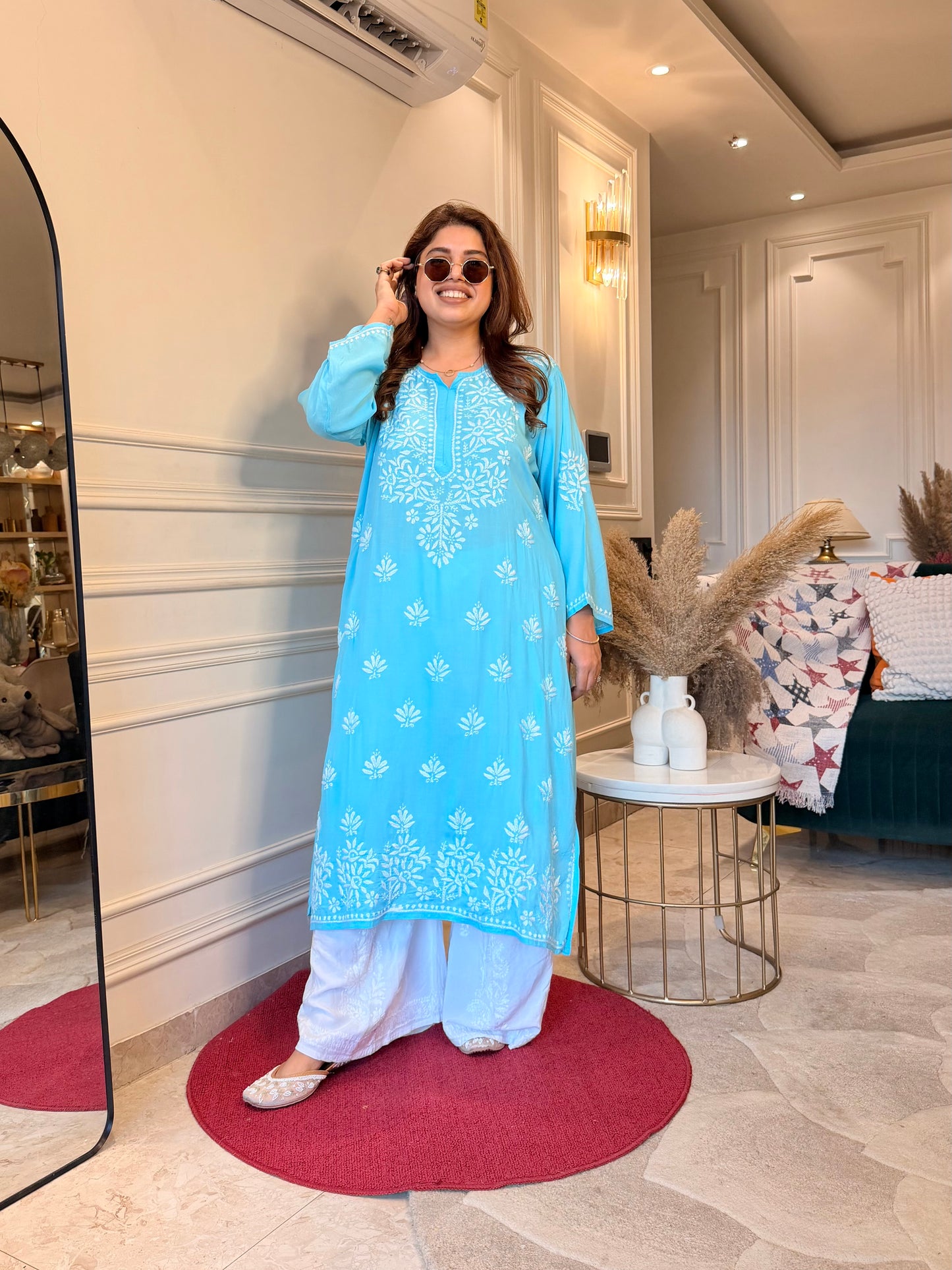 Hand Embroidered Chikankari Kurta | Modal | Turquoise Blue