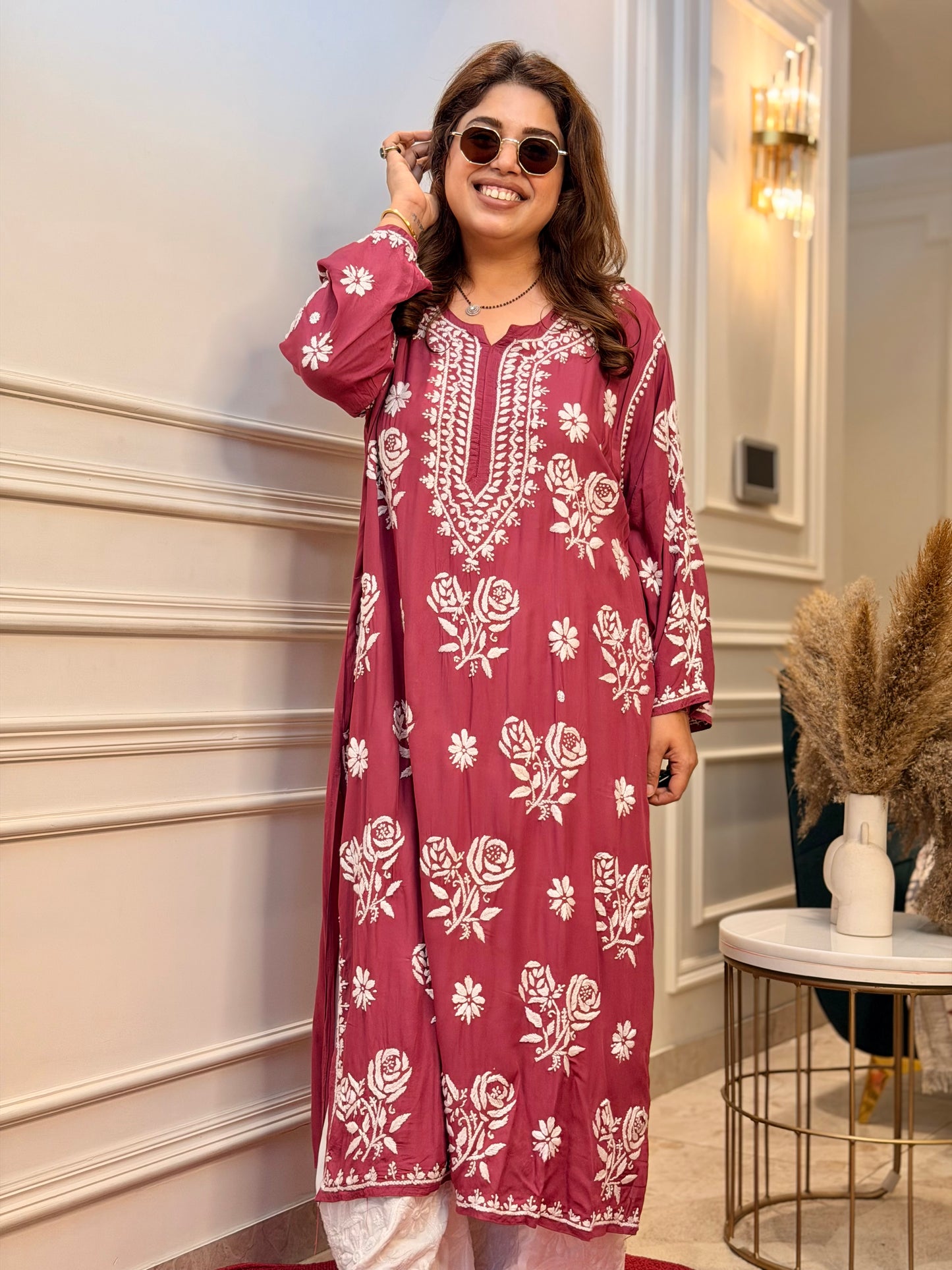 Hand Embroidered 3D Chikankari Kurta | Premium Modal | Dusty Pink