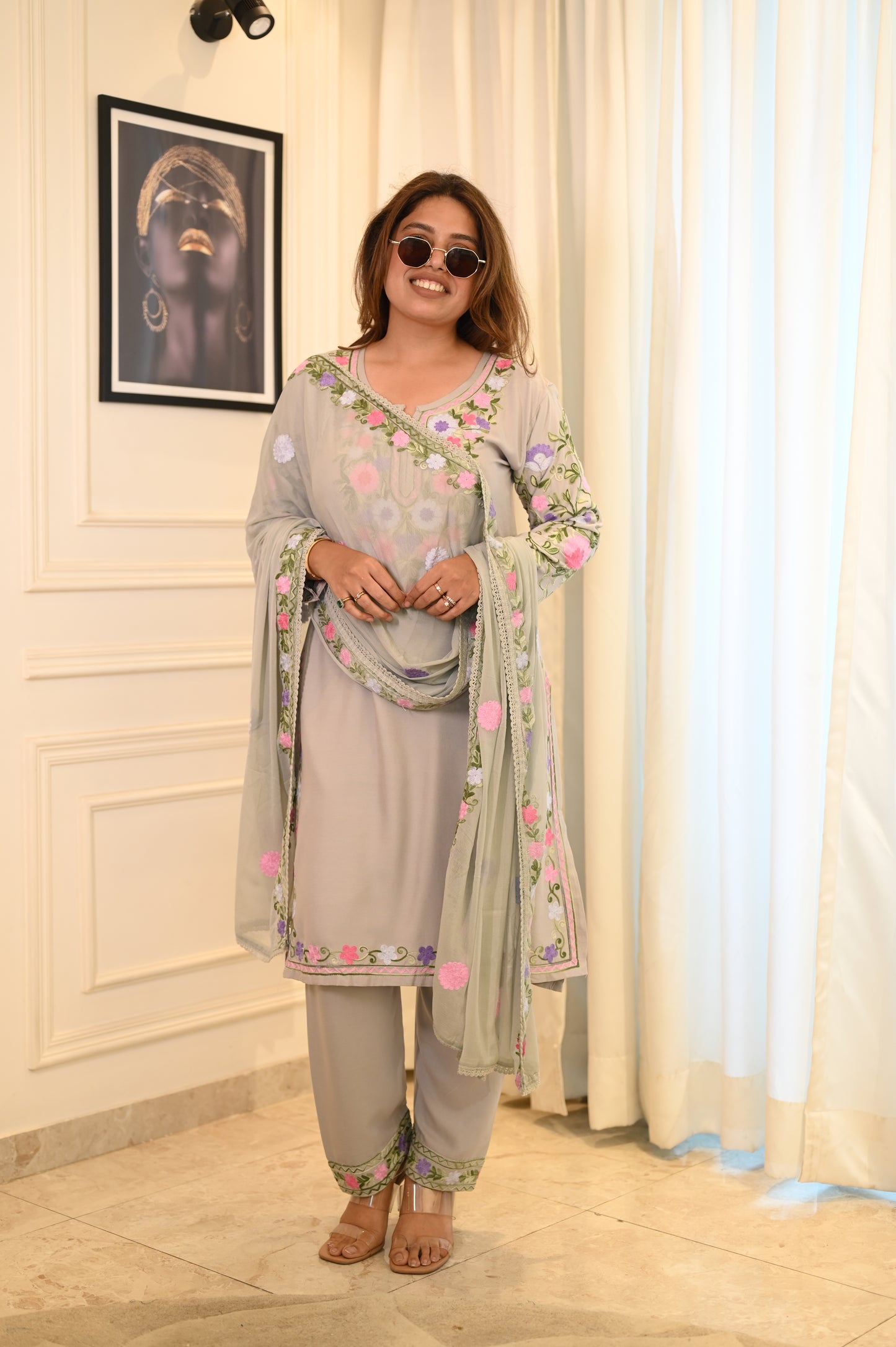 Chic Grey Floral Embroidered Suit Set – Subtle Elegance with a Touch of Tradition