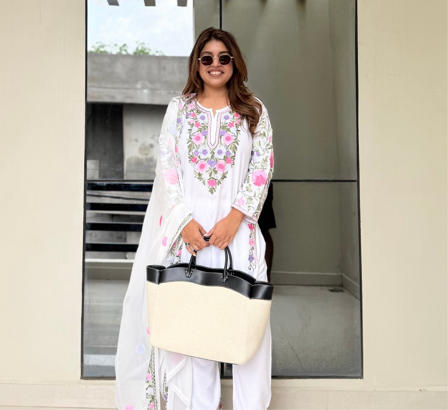 White Blossom Kashmiri Suit Set with Dupatta