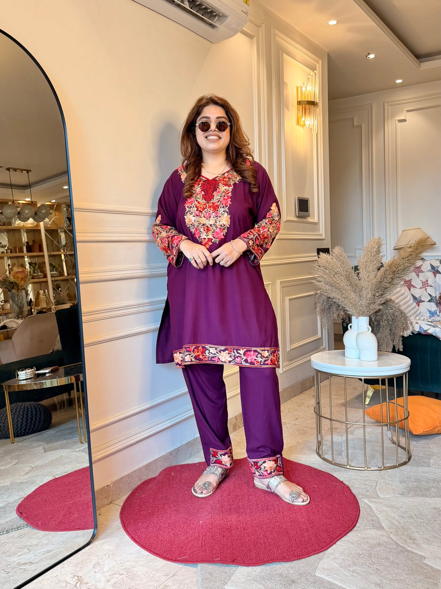Cotton Kashmiri Emberoried Cordset-Wine