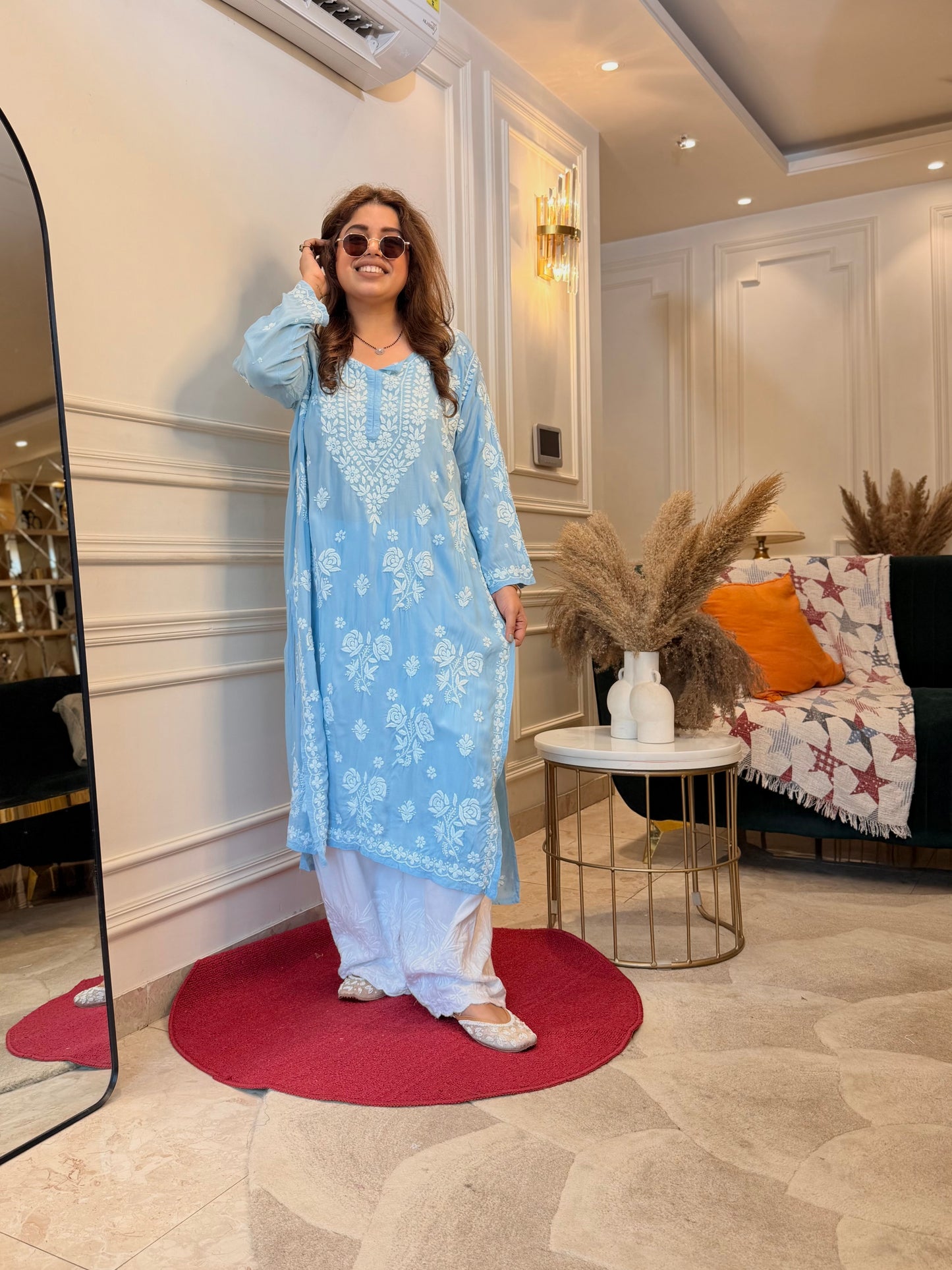 Hand Embroidered 6D Chikankari Kurta | Modal | Powder Blue