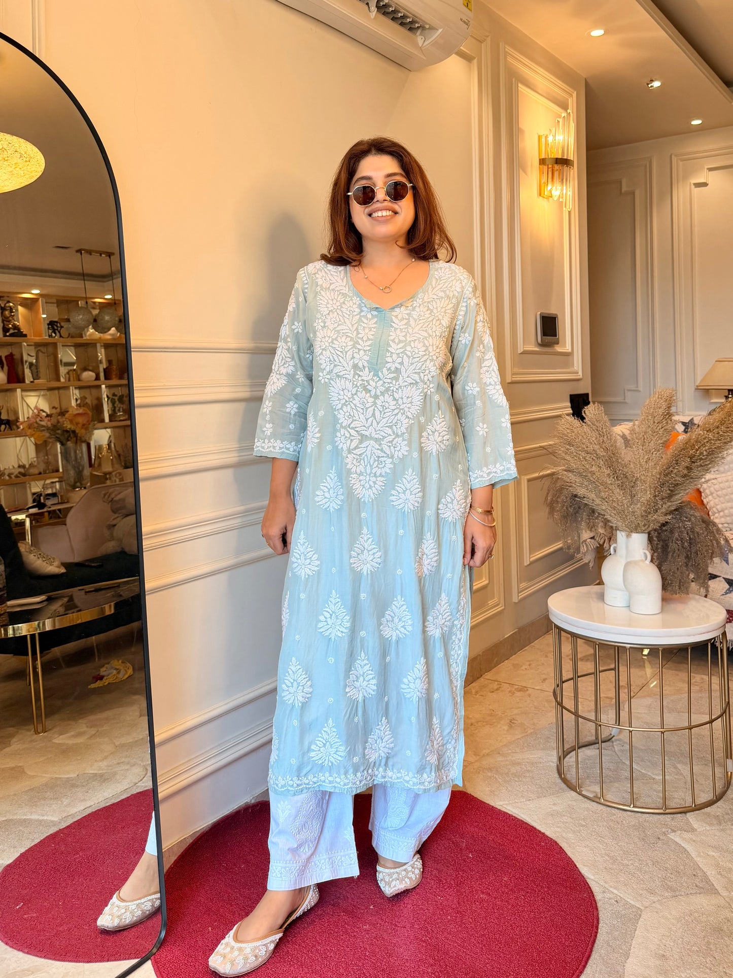 Chikankari Kurta | Mul Chanderi | Pastel Sage