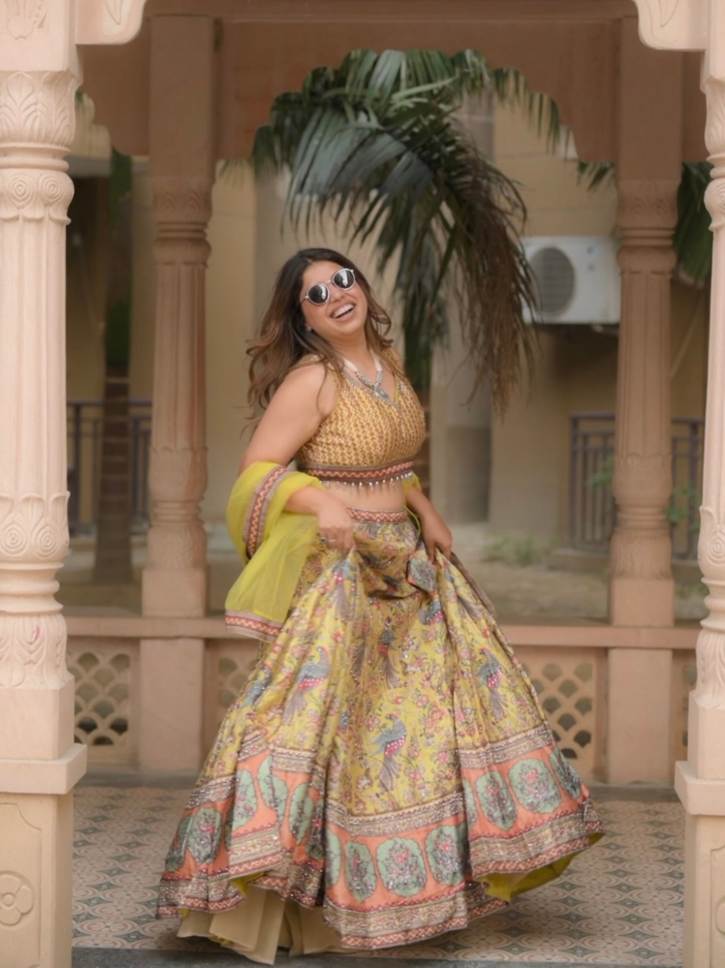 Royal Mustard Peacock Print Lehenga Set