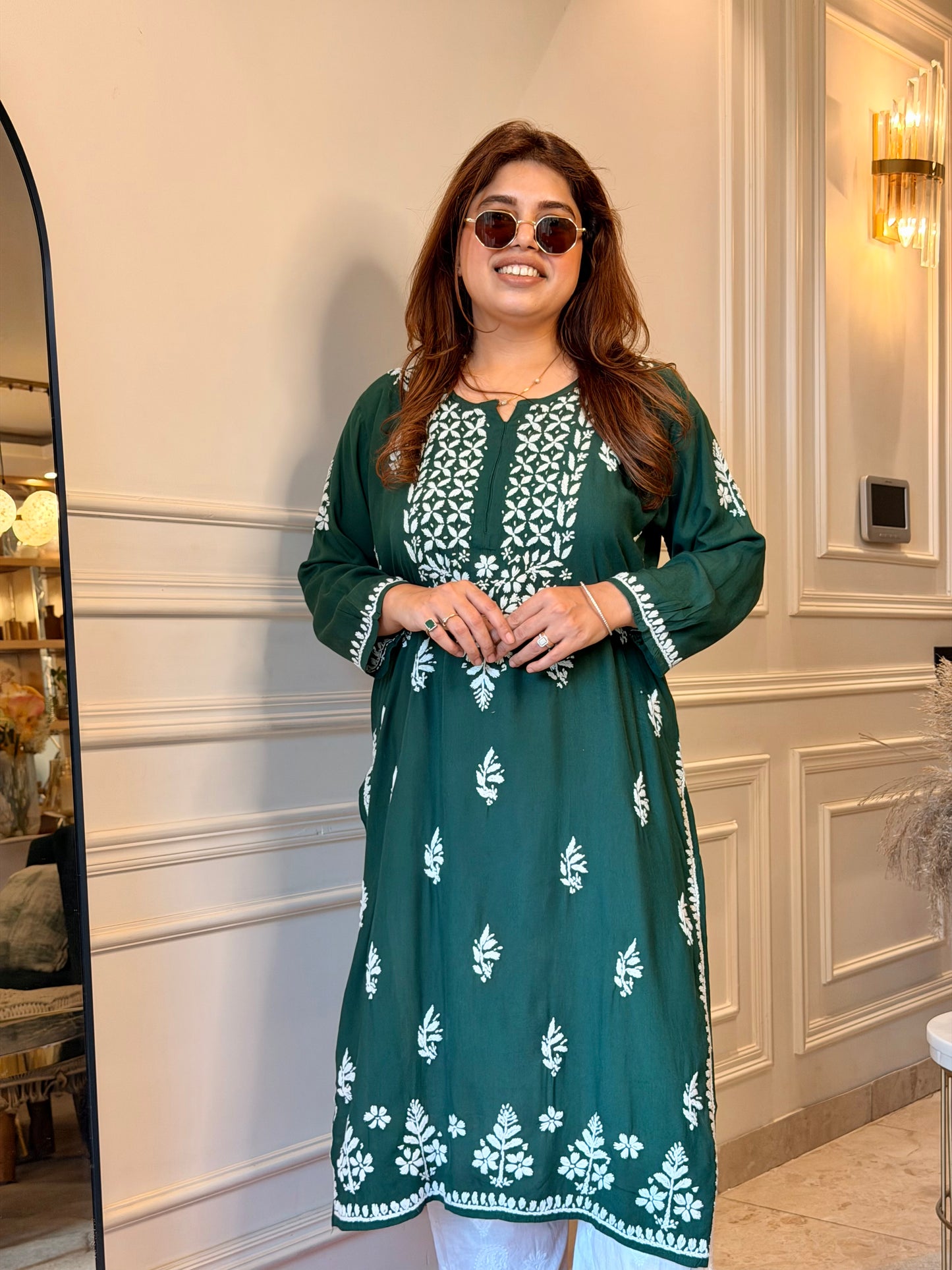 Hand Embroidered Chikankari Kurta | Modal | Emerald Green
