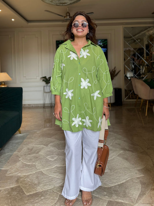 Lime Green Floral Co-ord Shirt Set