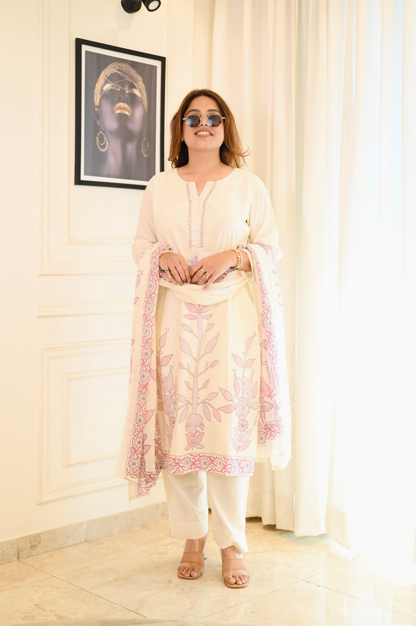Elegant Off-White & Pink Cotton Kurta Set with Dupatta
