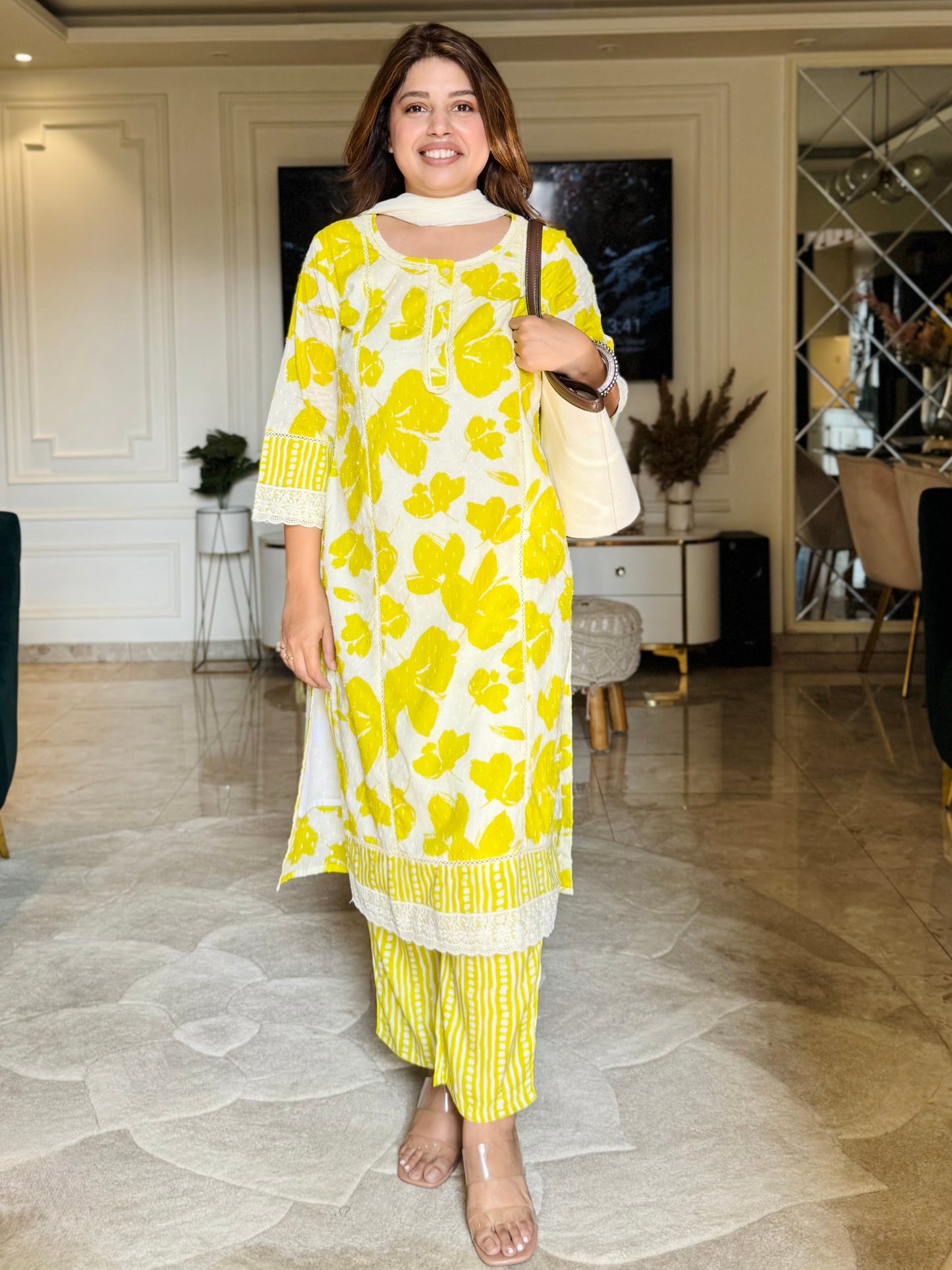 Lemon and White 3 Piece cotton suit