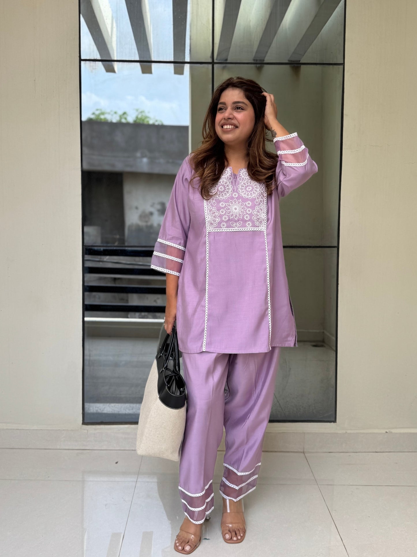 Lilac Lace Detailed Cotton Plus size Co-ord Set