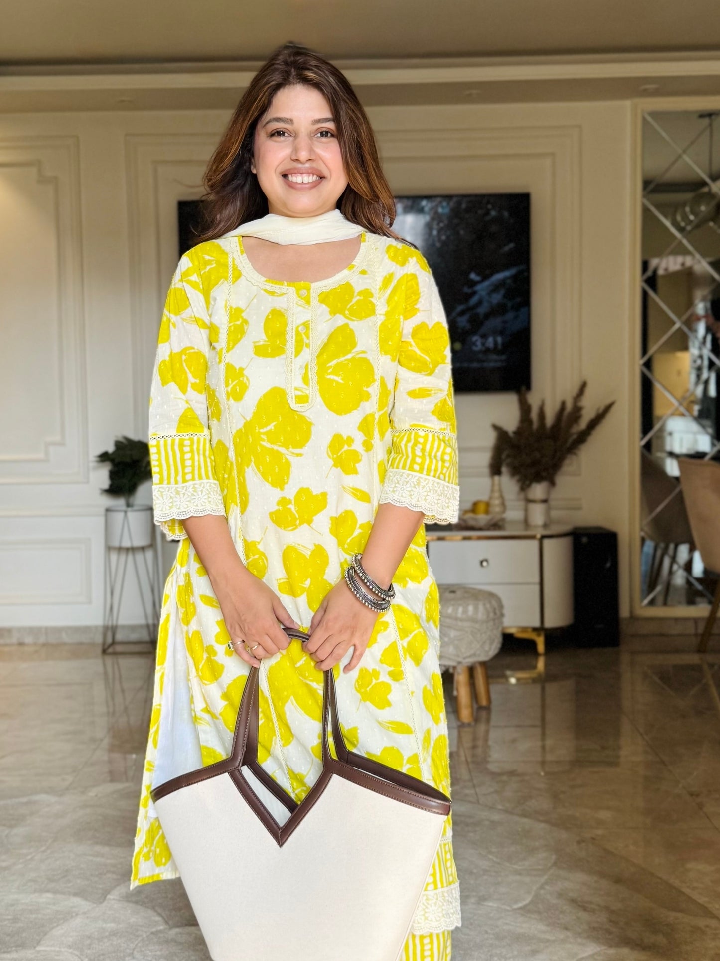 Lemon and White 3 Piece cotton suit