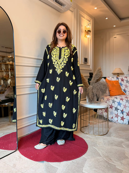 Hand Embroidered Chikankari Kurta  | Premium Cotton |Black with Mustard