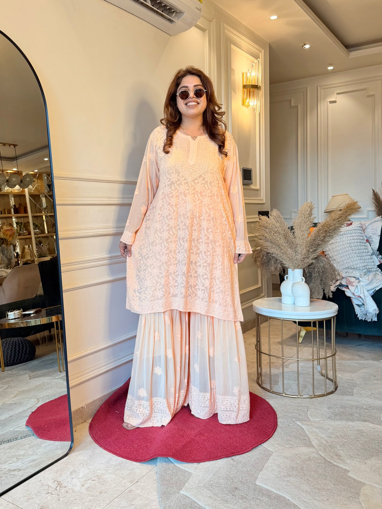 Delicate Full Zaal Hand Embroidered Chikankari Sharara set | Viscose | Peach