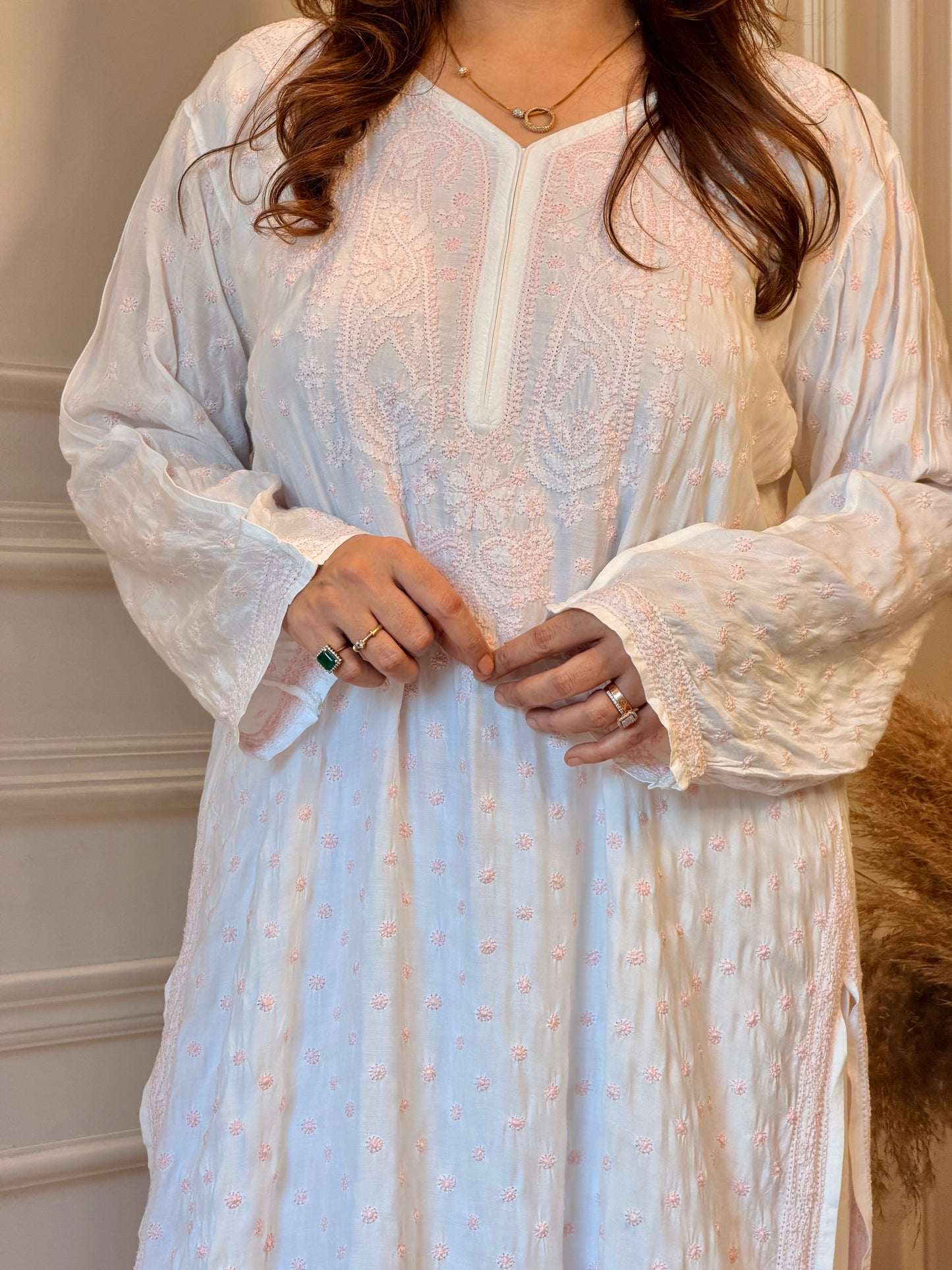 Hand Embroidered Chikankari Kurta  | Mul Chanderi | white with Pink| Plus Size