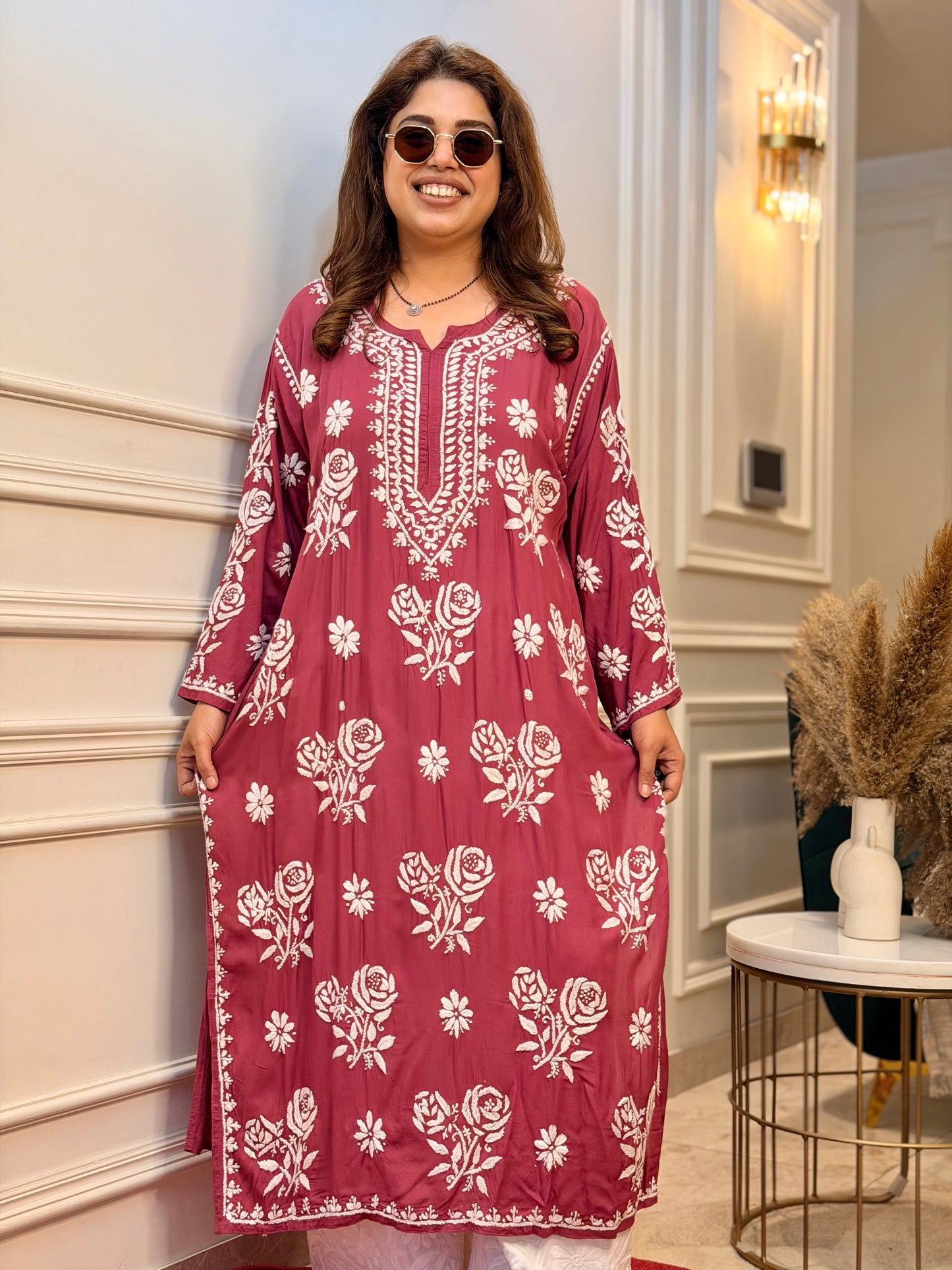 Hand Embroidered 3D Chikankari Kurta | Premium Modal | Dusty Pink