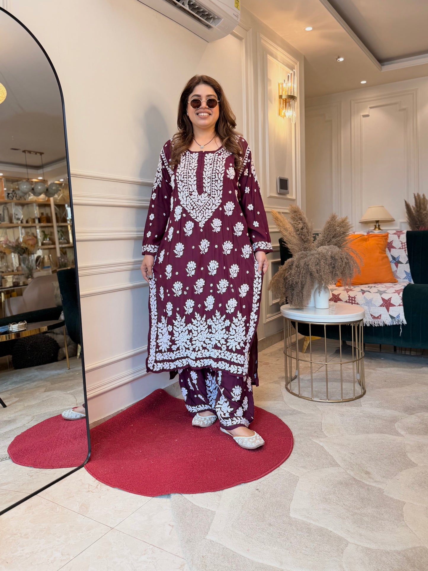 Hand Embroidered 3DChikankari Kurta set | Modal  | Maroon