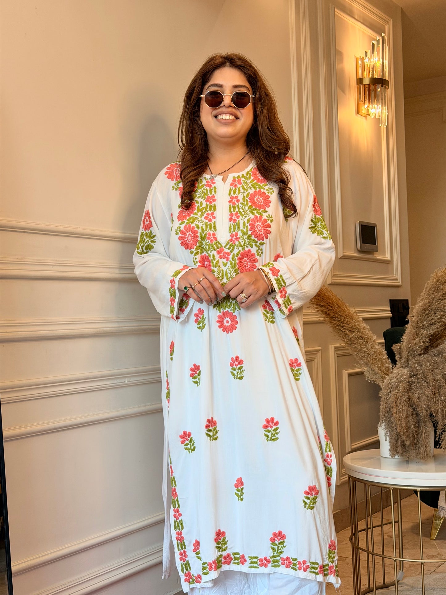 Hand embroidered Chikankari Kurta | Premium Cotton | White with Light Pink & Green
