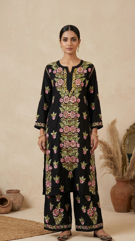 Hand Embroidered Chikankari Kurta Set - Black