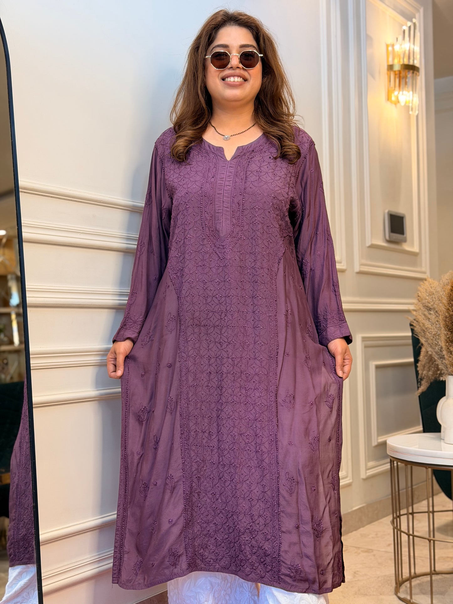 Hand Embroidered Chikankari Kurta  | Premium Muslin | Smoky Mauve