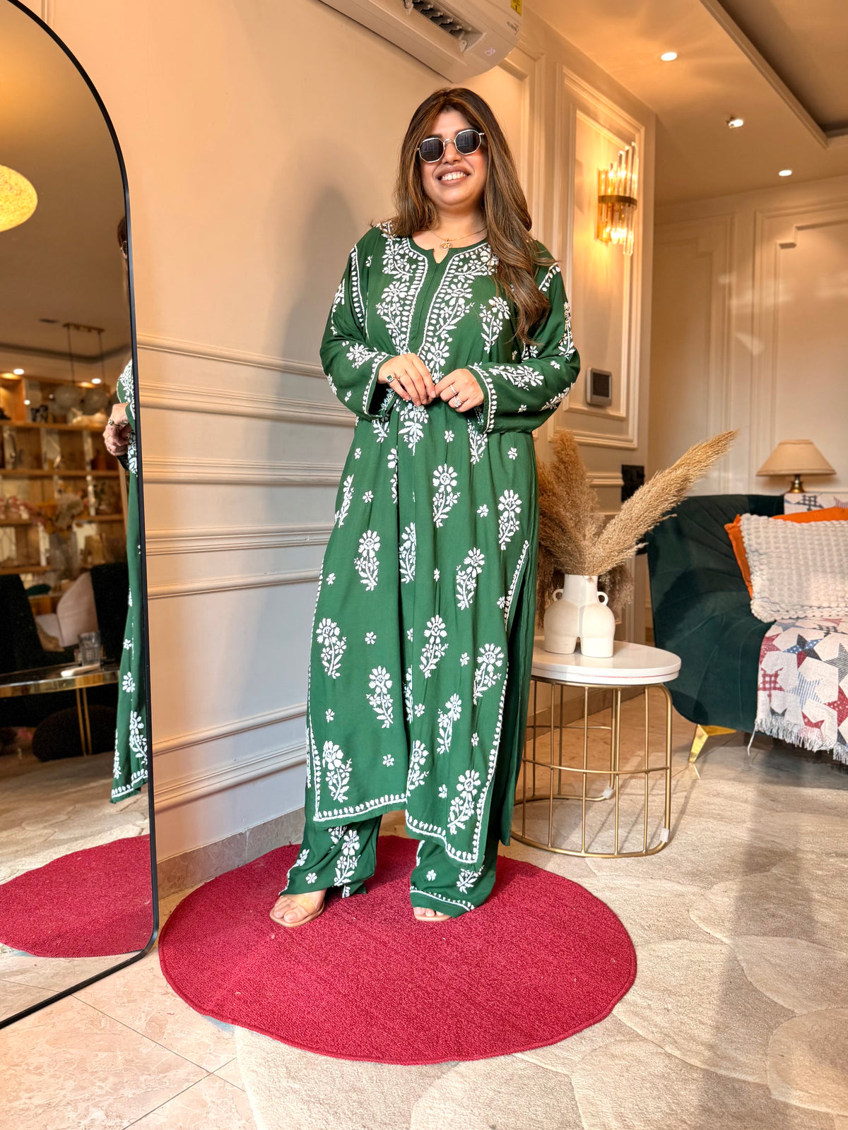 Hand Embroidered 3D Chikankari Kurta set | Premium Modal | Emerald Green