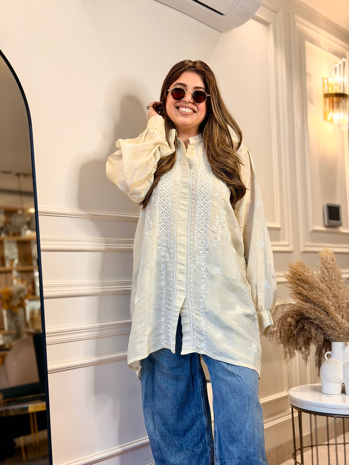 Hand Embroidered 3DChikankari Shirt | Premium Tissue | Ivory