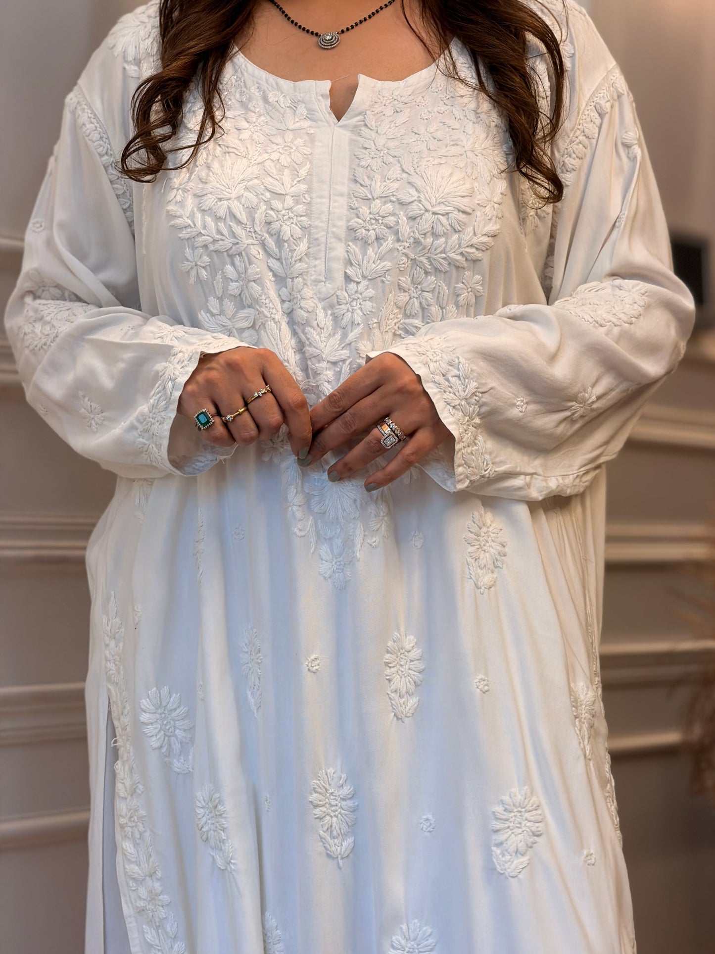 Hand Embroidered 6D Chikankari Kurta | Modal | White