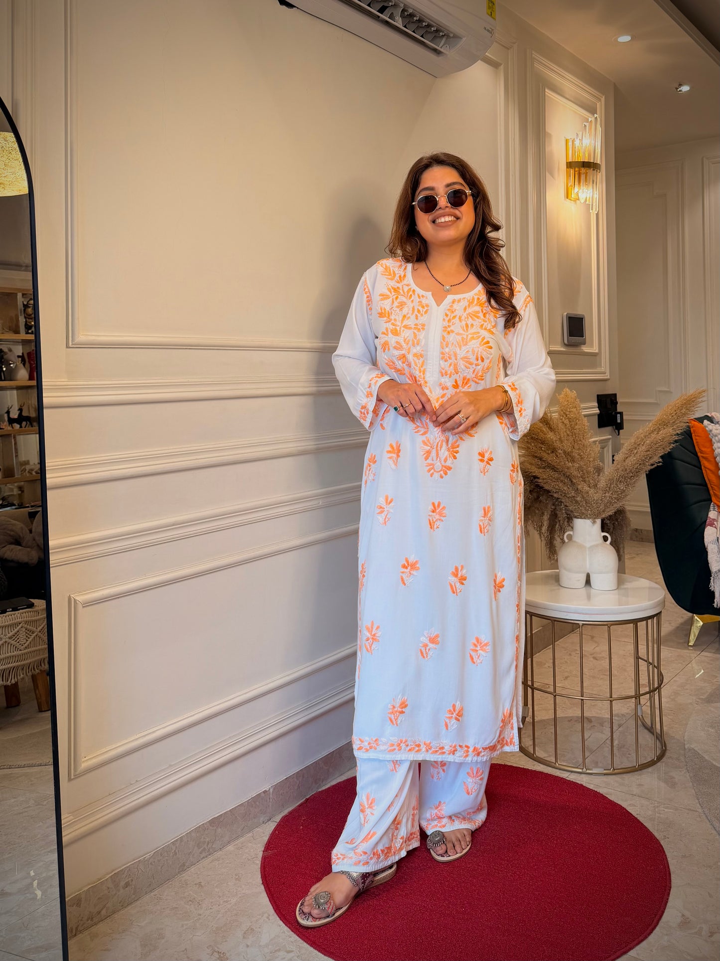 Hand Embroidered Chikankari Kurta Set - white with orange
