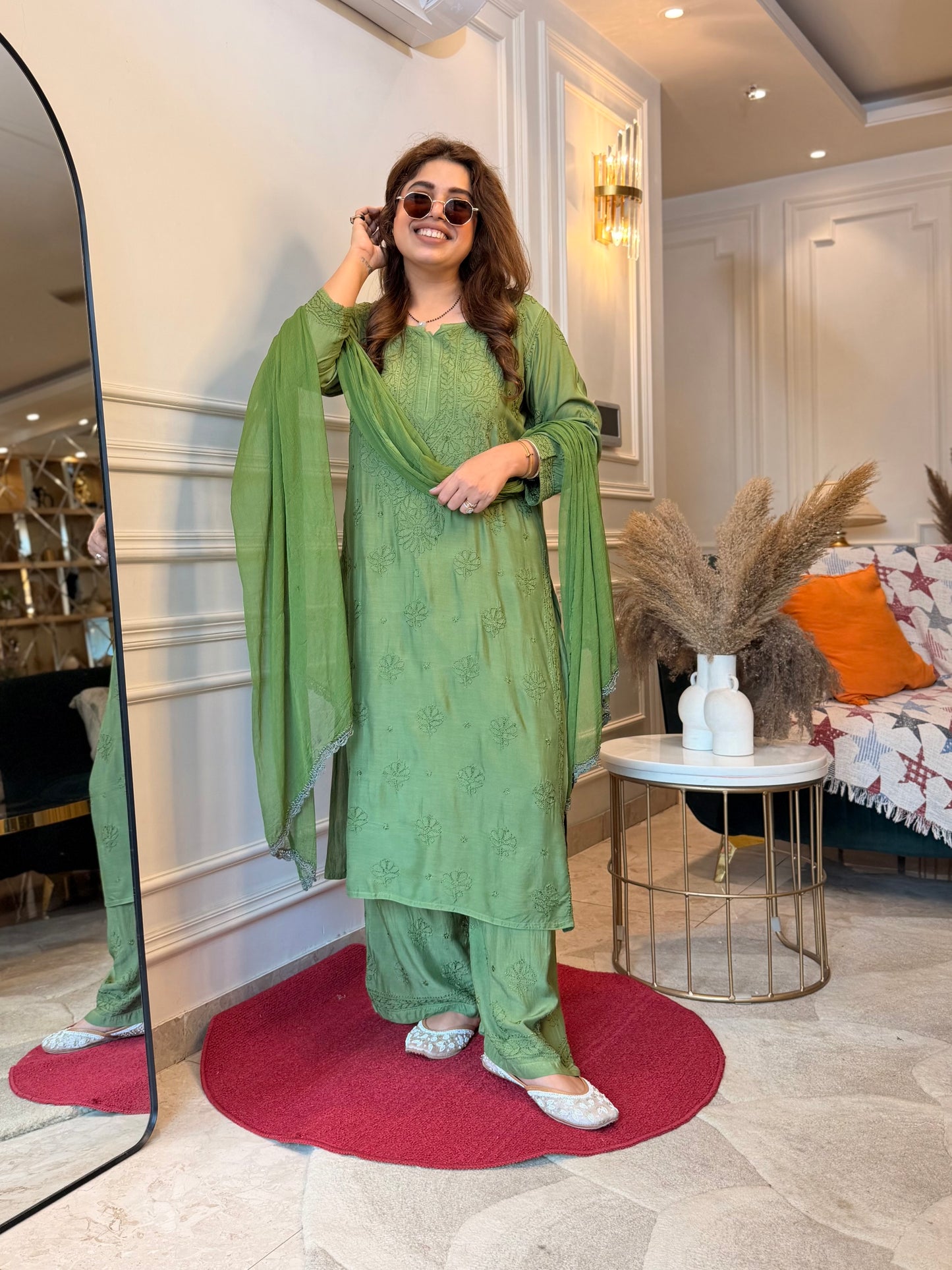 Hand Embroidered Chikankari 3 piece Kurta set | Mul Chanderi | Green