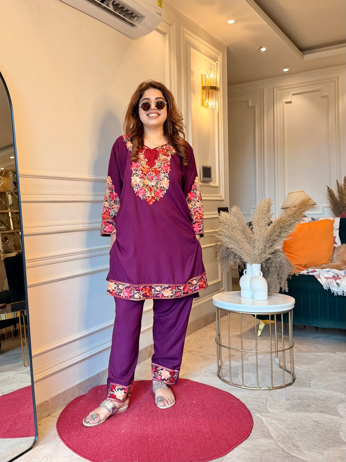 Cotton Kashmiri Emberoried Cordset-Wine