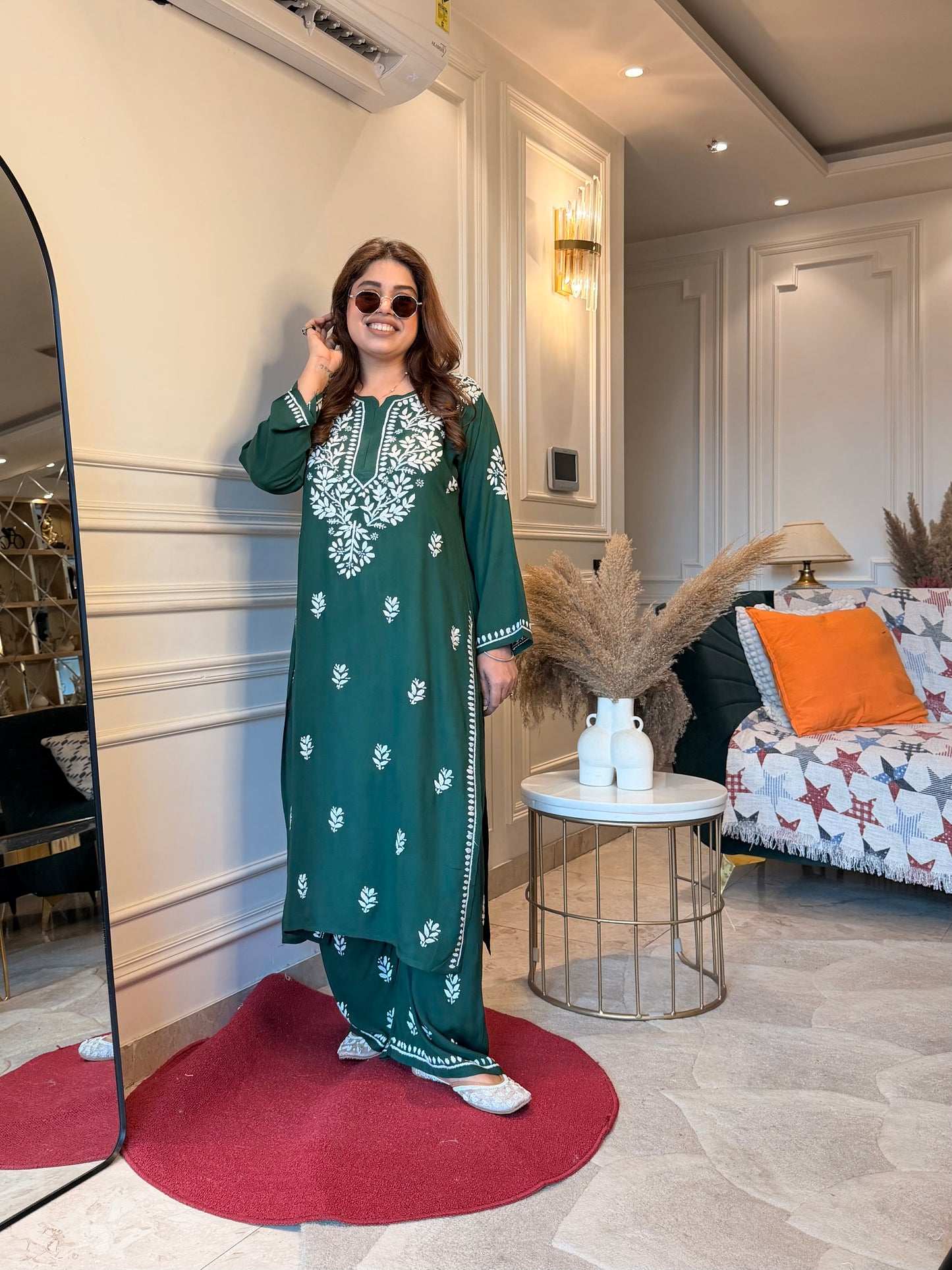 Hand Embroidered Chikankari Kurta set | Modal | Emerald Green