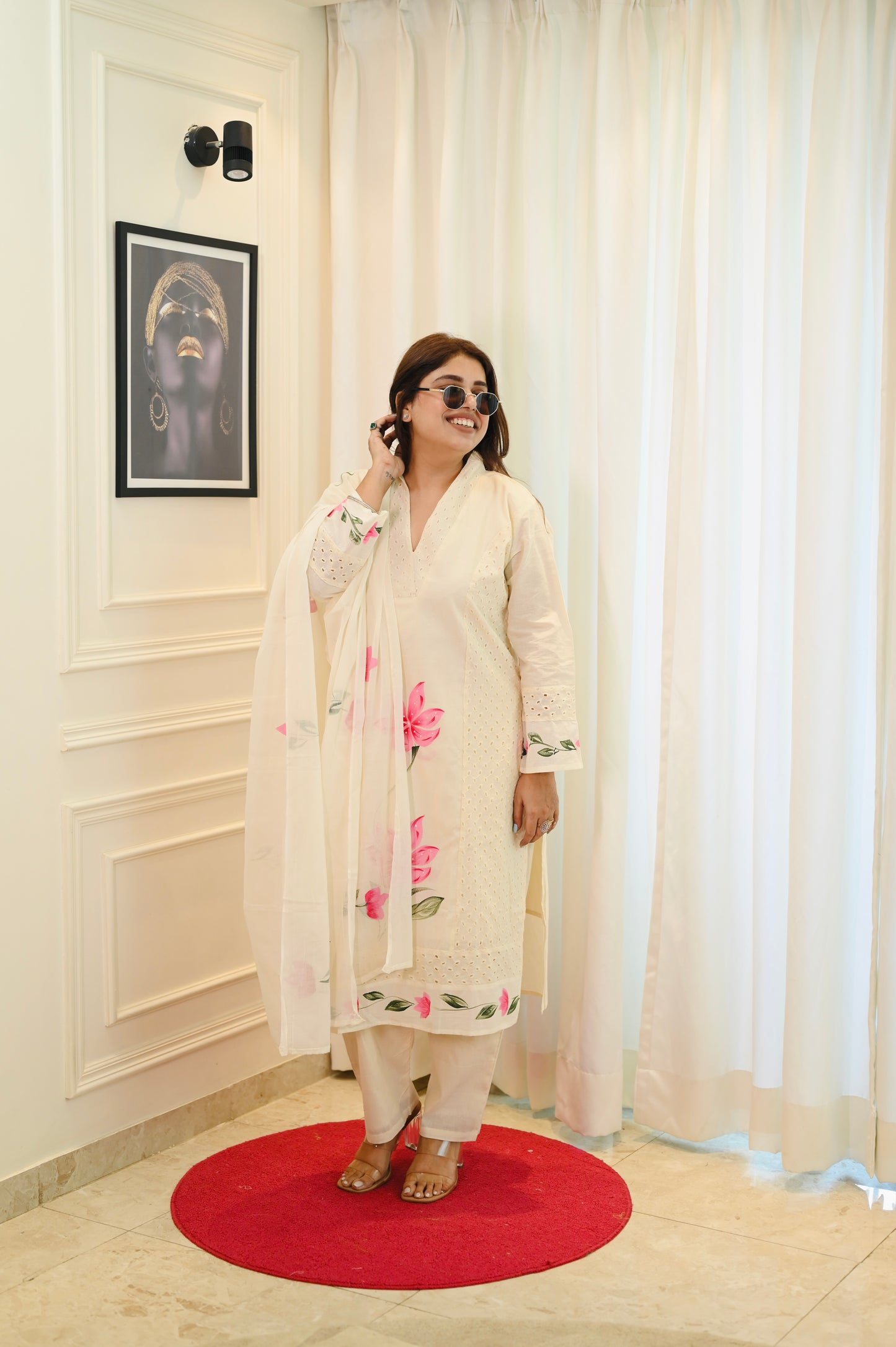 Premium Cream Cotton Plus size 3 piece kurta set | Size - 3XL | 4XL | 5XL