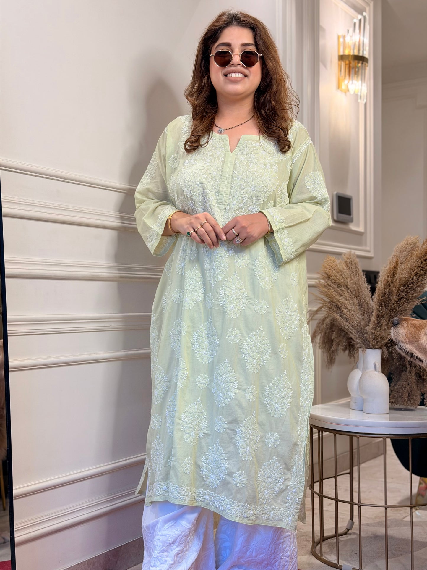 Hand Embroidered Chikankari Kurta | Premium Mul Cotton | Pista Green